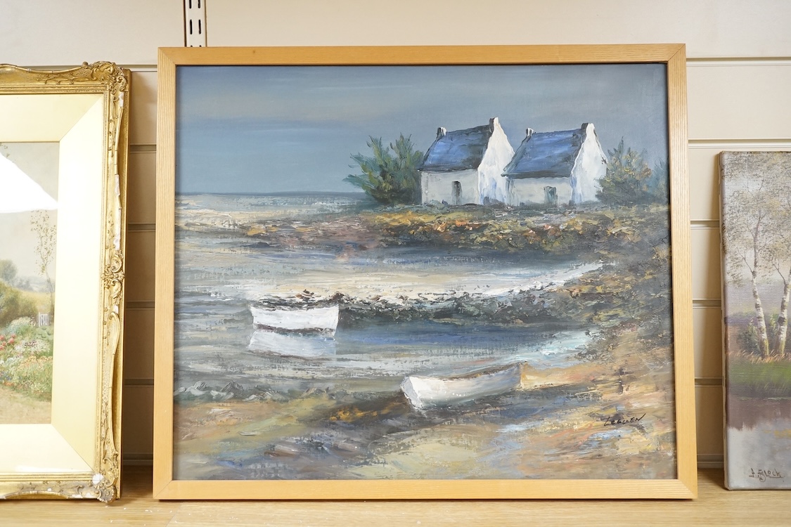 Jean LeGuen (French, 20th. C), oil on canvas, Brittany coastal scene with cottages, signed, 49 x 58cm. Condition - good
